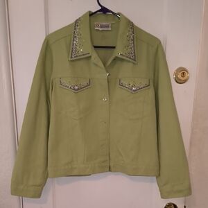 Christine Alexander | Light Green Jean Jacket with Embellished Collar